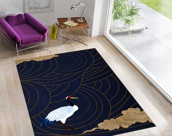 Japanese Crane Rug: Minimalist Modern Area Rug