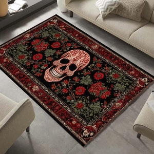 Skull Rug,Goth Decor,Flowers Rug For Gothic Home Decor,Gothic Area Rug,Gothic Rug For Dark Academia Decor,Horror Rug,Halloween Rug,Area Rugs
