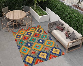 Geometric Plaid Outdoor Rug: Washable Patio Garden Decor