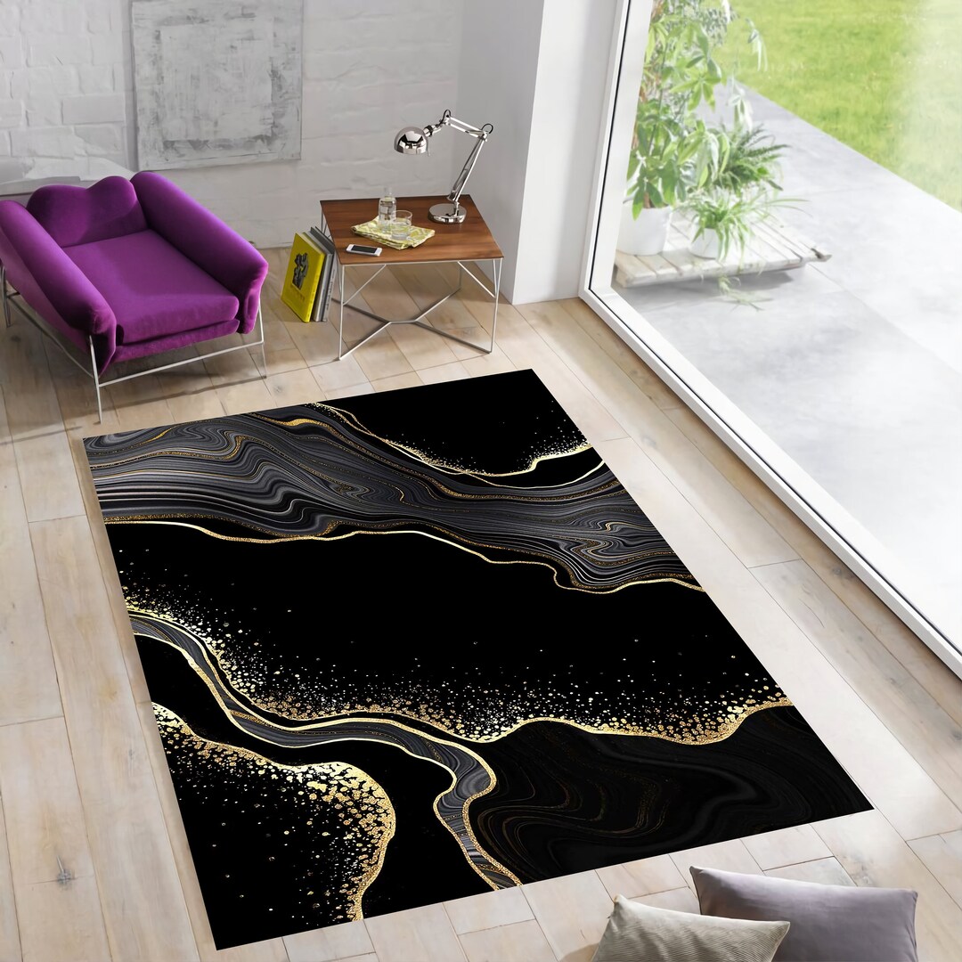 Black Marble Rug: Golden Vein Design, Modern Area Rug - Etsy