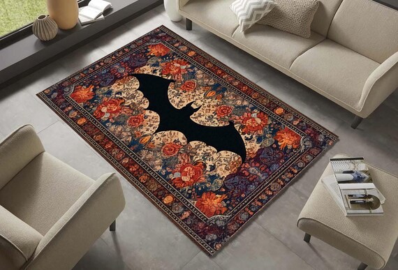 Bat Rug: Gothic Floral Polyester Rug, Witchy Room Decor