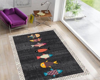 Alfombra de poliéster lavable y antideslizante con diseño de peces