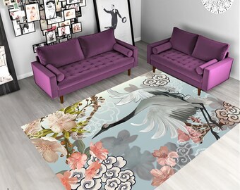 Japanese Crane Bird Rug: Floral Area Rug, Modern Style