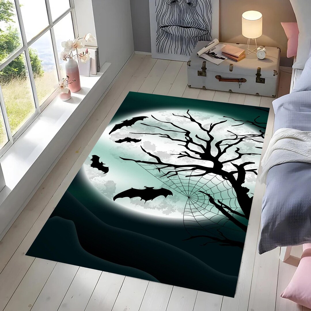 Large Spooky Rug Halloween Rug: Spooky Moonlit Bats, Haunted Tree, Gothic Decor - Etsy