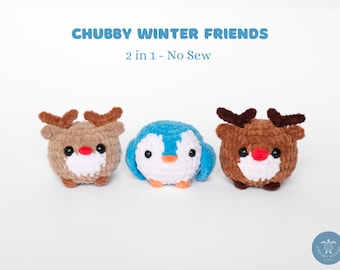 2-in-1 Chubby Winter Friends, NO SEW and Beginner Friendly, Crochet Pattern, Crochet Penguin, Crochet Reindeer, Winter Christmas Crochet