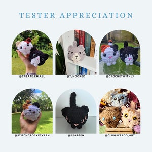 May include: A collection of six crocheted cat plushies in various colors and patterns. The plushies are displayed in individual photos with the Instagram handles of the creators.