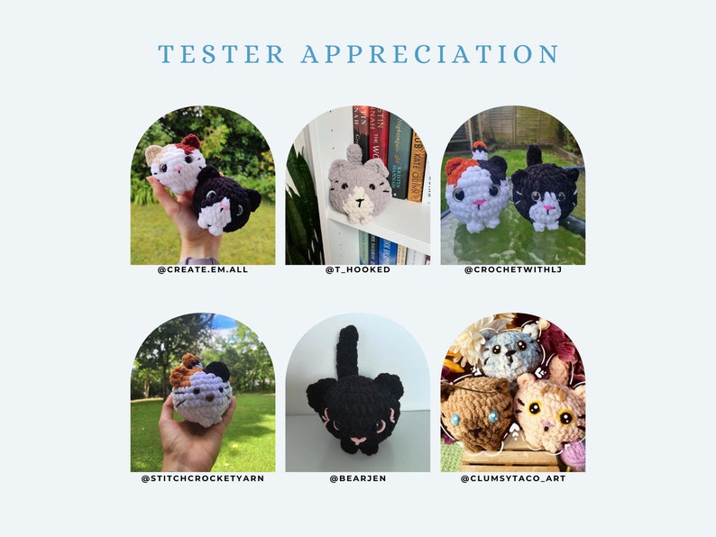 May include: A collection of six crocheted cat plushies in various colors and patterns. The plushies are displayed in individual photos with the Instagram handles of the creators.