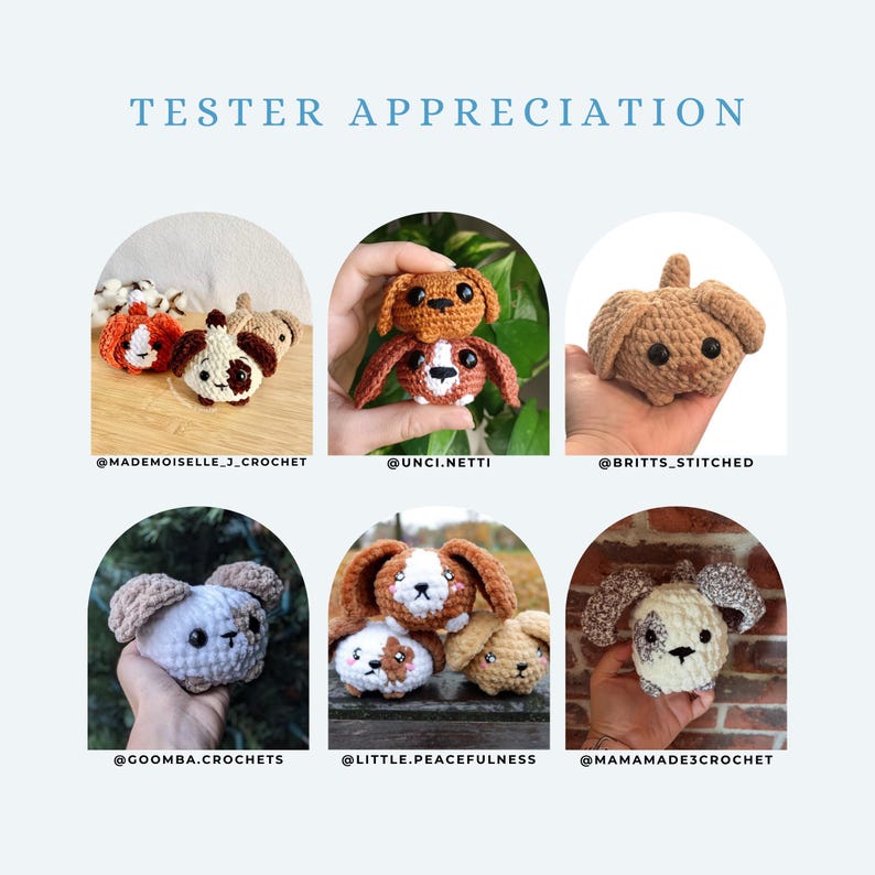 Pu&ograve; includere: Un collage di sei immagini che mostrano peluche di cani all'uncinetto in vari colori e pose. Ogni immagine presenta il lavoro di un diverso creatore di amigurumi, con il suo nome utente Instagram visualizzato sotto.