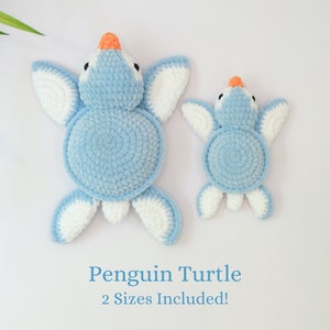 May include: Two crocheted penguin turtle toys, one larger and one smaller, both with blue bodies and white wings. The text "Penguin Turtle 2 Sizes Included!" is below the toys.