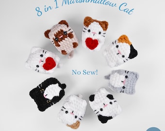 Gatti di marshmallow 8 in 1, modello all'uncinetto senza cuciture, adatto ai principianti, cuore all'uncinetto, gatto all'uncinetto, amigurumi, animale all'uncinetto, San Valentino all'uncinetto