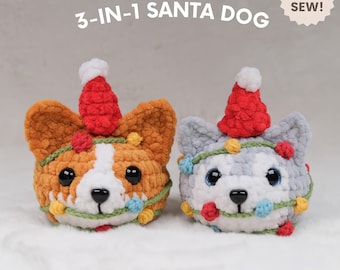 3-in-1サンタ犬、縫う必要もなく初心者にも優しい、かぎ針編みのパターン、かぎ針編みの犬、かぎ針編みのクリスマス
