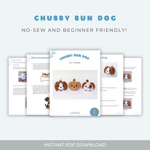 Pu&ograve; includere: Un modello di download digitale per lavorare a uncinetto un Chubby Bun Dog 3 in 1 senza cuciture. Il modello include istruzioni per realizzare tre diversi modelli di cani: un cane marrone con un naso marrone, un cane marrone con un naso a forma di zucca e un cane bianco con un naso marrone. Il modello include anche una sezione "Lo sapevi?" con curiosit&agrave; sui cani.