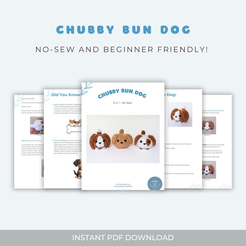 Pu&ograve; includere: Un modello di download digitale per lavorare a uncinetto un Chubby Bun Dog 3 in 1 senza cuciture. Il modello include istruzioni per realizzare tre diversi modelli di cani: un cane marrone con un naso marrone, un cane marrone con un naso a forma di zucca e un cane bianco con un naso marrone. Il modello include anche una sezione "Lo sapevi?" con curiosit&agrave; sui cani.