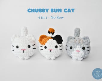 May include: Three crocheted cat toys in different colors: white, calico, and gray. The toys are all in the "Chubby Bun Cat" style, with round bodies and short legs. The text "4 in 1 - No Sew" is visible above the toys.