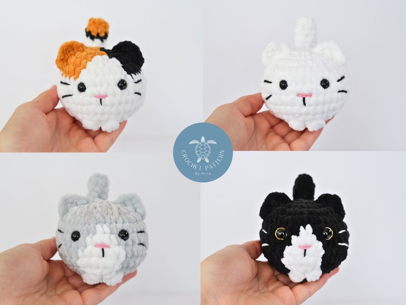 May include: Four crocheted cat plushies in different colors: calico, white, gray, and black. Each plush has a white face with black eyes and a pink nose.