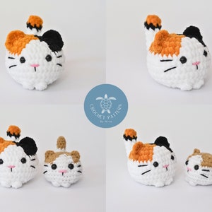 May include: Four crocheted calico cat plushies in various sizes. The plushies are white with orange, black, and brown accents. The plushies have black eyes, pink noses, and white whiskers.