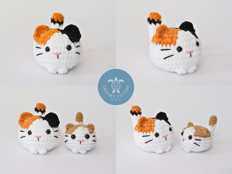 May include: Four crocheted calico cat plushies in various sizes. The plushies are white with orange, black, and brown accents. The plushies have black eyes, pink noses, and white whiskers.