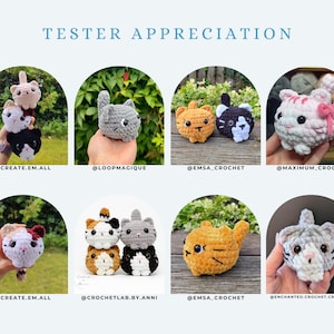 May include: A collection of crocheted cat amigurumi toys in various colors and patterns. The toys are displayed on a wooden surface and feature different poses and expressions.