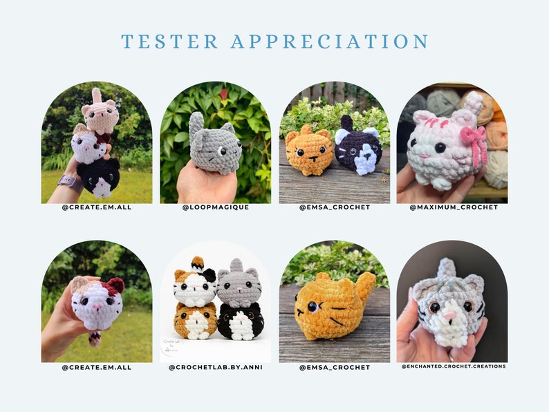 May include: A collection of crocheted cat amigurumi toys in various colors and patterns. The toys are displayed on a wooden surface and feature different poses and expressions.