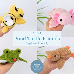 May include: Five crochet turtle amigurumi patterns, including a yellow turtle with black eyes, a pink turtle with black eyes, a green turtle with red mouth, a brown turtle with orange feet, and a brown turtle with an orange beak. The patterns are beginner friendly and are titled "5 in 1 Pond Turtle Friends".