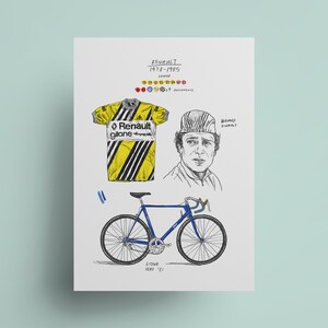 May include: A black and white illustration of a cycling jersey with the text "Renault-Elf-Gitane" on the front. A black and white illustration of a cyclist wearing a cap with the text "Bernard Hinault" on it. A blue bicycle with the text "Gitane Aero '81" on the bottom.