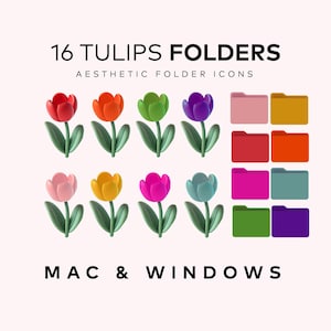 Op de afbeelding: 16 Tulpen-map-pictogrammen voor Mac en Windows. De pictogrammen tonen een verscheidenheid aan kleuren, waaronder rood, oranje, geel, groen, blauw, paars en roze. Elk pictogram is een gestileerde tulp.