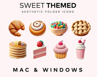Peut inclure: Un ensemble de neuf icônes de dossiers 3D colorés représentant des friandises sucrées comme un croissant, un pain à la cannelle, un bol de céréales, une tarte, des crêpes, un gâteau, un cupcake et un milk-shake. Les icônes sont conçues pour les systèmes d'exploitation Mac et Windows.