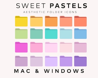 May include: A set of 20 pastel colored folder icons for Mac and Windows computers. The icons are arranged in a grid of four rows and five columns. The colors include yellow, orange, green, blue, pink, and purple.