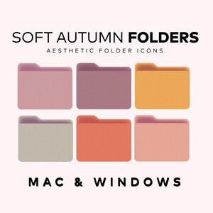 May include: Six aesthetic folder icons in soft autumn colors: pink, purple, orange, beige, coral, and peach. The text at the top reads "SOFT AUTUMN FOLDERS" and "AESTHETIC FOLDER ICONS". The bottom text says "MAC & WINDOWS".
