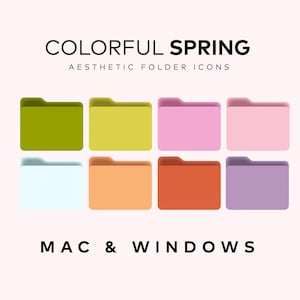 Könnte beinhalten: Acht farbige Ordner-Icons in einem Raster angeordnet. Die Farben sind grün, gelb, rosa, hellrosa, hellblau, orange, rot und lila. Der Text "COLORFUL SPRING AESTHETIC FOLDER ICONS" befindet sich über den Icons, und der Text "MAC & WINDOWS" befindet sich unter den Icons.