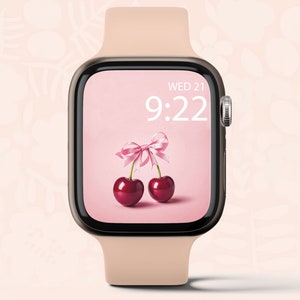 Sfondo Apple Watch, Sfondo Smartwatch, Quadrante Orologio Digitale, Sfondo Minimal Cherry Bow, Quadrante Orologio Rosa Elegante, Download Istantaneo