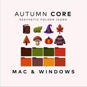 Könnte beinhalten: Ästhetische Ordner-Icons von Autumn Core für Mac und Windows. Die Icons zeigen verschiedene Herbstmotive, darunter ein Buch, ein Frosch, ein Hexenhut, ein Ahornblatt, ein Pullover, ein Baum, ein Pilz, ein Kürbis und ein Ordner.
