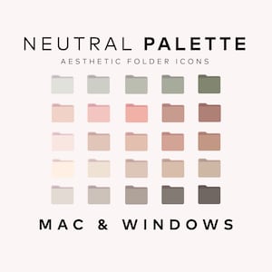 Puede incluir: Una cuadrícula de 20 iconos de carpeta en varios colores neutros, incluyendo tonos de verde, rosa, beige, marrón y gris. El texto "NEUTRAL PALETTE" y "AESTHETIC FOLDER ICONS" está en la parte superior de la imagen. El texto "MAC & WINDOWS" está en la parte inferior de la imagen.