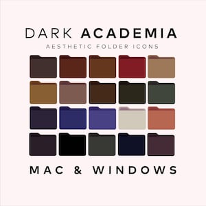 May include: A set of 18 folder icons in various shades of brown, red, green, blue, black, and gray. The icons are arranged in a grid and labeled "DARK ACADEMIA AESTHETIC FOLDER ICONS MAC & WINDOWS".