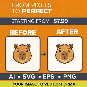 Może przedstawiać: Reklama usługi grafiki cyfrowej z tekstem FROM PIXELS TO PERFECT oraz YOUR IMAGE TO VECTOR FORMAT. Przedstawia porównanie przed i po ilustracji brązowej kapibary oraz listę formatów plików AI, SVG, EPS i PNG.