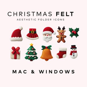 May include: Set of 10 felt Christmas icons for folders. The icons include a Santa Claus, a Christmas tree, a stocking, a snowman, a reindeer, a bell, a gift box, a holly sprig, a Santa hat, and a Christmas dress.