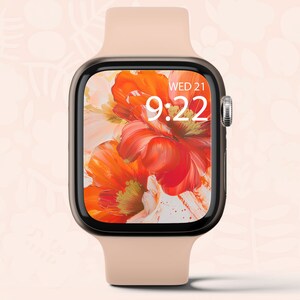 Sfondo Apple Watch, Sfondo Smartwatch, Quadrante Orologio Digitale, Sfondo Floreale Rosso Oro, Quadrante Orologio Pennello Acquerello, Download Istantaneo