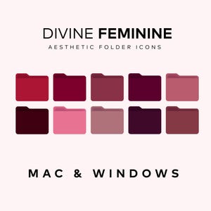 May include: Aesthetic folder icons in various shades of red, pink, and purple. The text "DIVINE FEMININE" and "AESTHETIC FOLDER ICONS" are displayed at the top. The bottom of the image reads "MAC & WINDOWS".