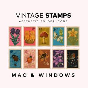 Puede incluir: Una colección de sellos de época con varias ilustraciones, incluyendo flores, insectos y animales. Los sellos presentan una variedad de colores y diseños, con el texto "VINTAGE STAMPS" y "MAC & WINDOWS".