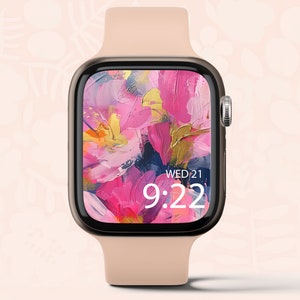 Sfondo Apple Watch, Sfondo Smartwatch, Quadrante Orologio Digitale, Sfondo Floreale Rosa, Quadrante Orologio Pennello Acquerello, Download Istantaneo