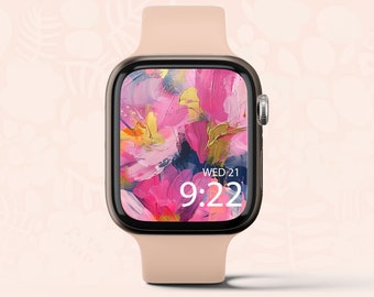 Apple Watch Wallpaper, Smartwatch Background, Digital Watch Face, Pink Floral Wallpaper, Watercolor  Brush Watch Face,  Instant Download