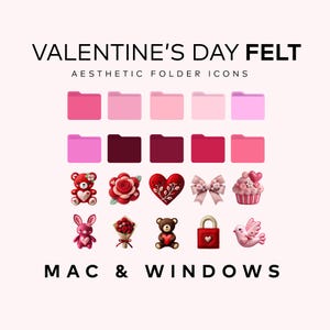 May include: Valentine's Day felt aesthetic folder icons in shades of pink and red. The image includes folder icons and Valentine's Day themed graphics such as teddy bears, roses, hearts, bows, cupcakes, bunnies, bouquets, and a dove. The text reads "MAC & WINDOWS."