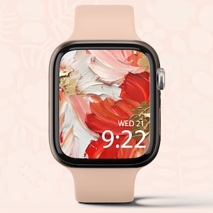 Sfondo Apple Watch, Sfondo Smartwatch, Quadrante Orologio Digitale, Sfondo Floreale Rosso Oro, Quadrante Orologio Pennello Acquerello, Download Istantaneo