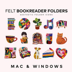 May include: A set of 16 colorful felt icons for computer folders. The icons include a stack of books, a clock, a plant, a music note, a bookshelf, a coffee cup, a person reading, a bookshelf with a cat, a colorful can, a cat, a colorful pillow, a couch, a dog, a slice of cake, and a heart.