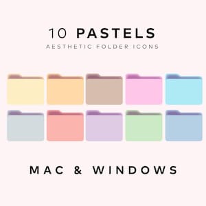 Op de afbeelding: Tien pastelkleurige map-pictogrammen voor Mac- en Windows-computers. De pictogrammen zijn in verschillende pastelkleuren, waaronder lichtblauw, lichtroze, lichtgroen en lichtgeel.