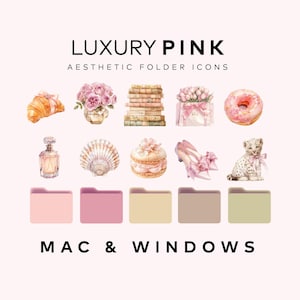 Puede incluir: Un conjunto de iconos de carpeta en colores rosa, beige y verde. Los iconos están inspirados en una variedad de imágenes, incluyendo un croissant, un ramo de rosas, una pila de libros, una caja de regalo, una dona, un frasco de perfume, una concha, un macaron, un par de zapatos y un cachorro de leopardo. El texto "LUXURY PINK AESTHETIC FOLDER ICONS" está en la parte superior de la imagen. El texto "MAC & WINDOWS" está en la parte inferior de la imagen.