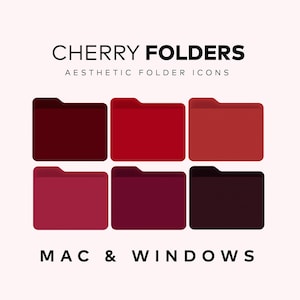 Op de afbeelding: Zes esthetische mapiconen in tinten rood en bordeaux, gerangschikt in twee rijen van drie. De tekst "CHERRY FOLDERS" en "AESTHETIC FOLDER ICONS" staat bovenaan. De tekst "MAC & WINDOWS" staat onderaan.