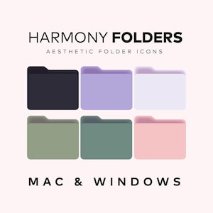 Puede incluir: Iconos de carpetas estéticas en varios colores, incluyendo negro, lavanda, blanco, verde oliva, verde azulado y rosa. El texto "HARMONY FOLDERS" y "AESTHETIC FOLDER ICONS" se muestra en la parte superior, con "MAC & WINDOWS" en la parte inferior.