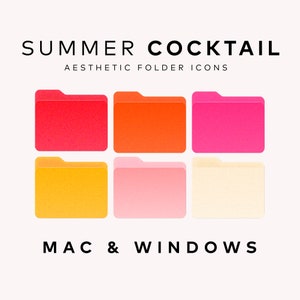 Może przedstawiać: Sześć kolorowych ikon folderów w układzie siatki. Kolory to czerwony, pomarańczowy, różowy, żółty, jasnoróżowy i beżowy. Tekst "SUMMER COCKTAIL AESTHETIC FOLDER ICONS MAC & WINDOWS" znajduje się pod ikonami.