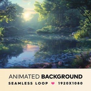 Könnte beinhalten: Ein ruhiger animierter Hintergrund mit einem üppigen grünen Wald und einem stillen Teich, der das Sonnenlicht reflektiert. Die Szene ist perfekt, um eine beruhigende und ruhige Atmosphäre zu schaffen.